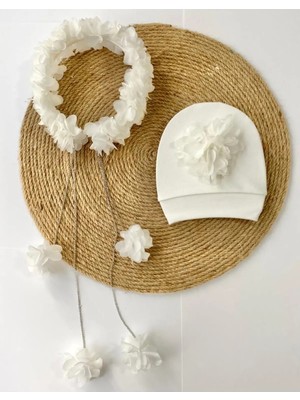 İrembaby Anne Bebek Lohusa Seti Beyaz Sarkan Küpeli Çiçekli Lohusa Tacı ve Bebek Şapkası Lohusa Takımı