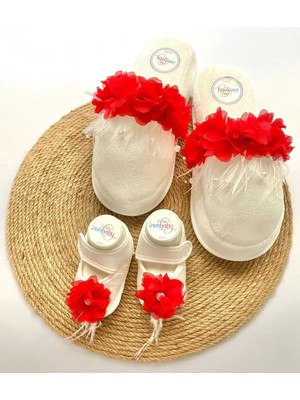 İrembaby Anne Bebek Lohusa Seti Kırmızı Çiçekli Incili Lohusa Terliği Bebek Ayakkabısı