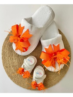 İrembaby Anne Bebek Lohusa Seti Turuncu Tüylü Fiyonklu Terlik ve Bebek Ayakkabısı Lohusa Takımı Çekim-Mevlüt