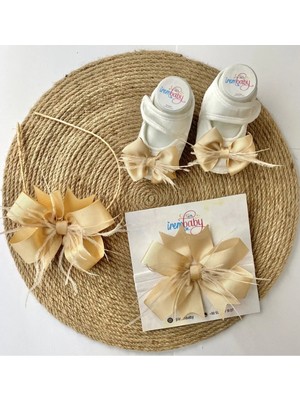 İrembaby Anne Bebek Lohusa Seti Gold Lohusa Tacı Bebek Saç Bandı ve Bebek Ayakkabısı Lohusa Takımı