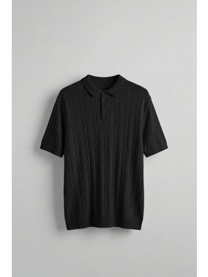 Abluka Online Erkek Regular Fit Saç Örgü Pamuklu Triko Polo Yaka T-Shirt Siyah