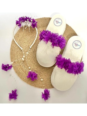 İrembaby Anne Lohusa Seti Mor Çiçekli Incili Lohusa Tacı Terliği Takımı