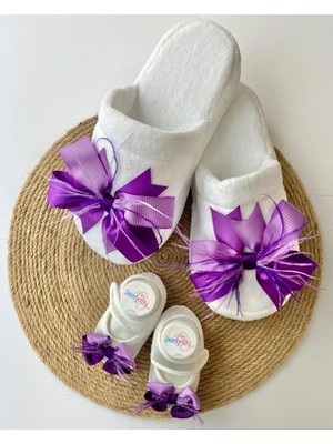 İrembaby Anne Bebek Lohusa Seti Mor Lila Tüylü Fiyonklu Terlik ve Bebek Ayakkabısı Lohusa Takımı Çekim-Mevlüt