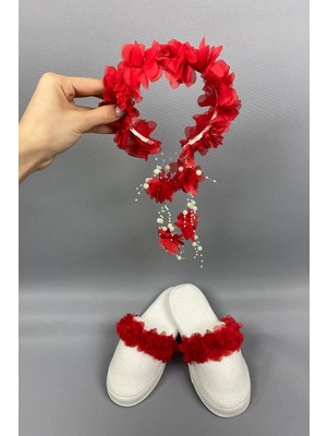 İrembaby Kırmızı Lazer Çiçekli Incili Taç ve Lohusa Terlik Seti