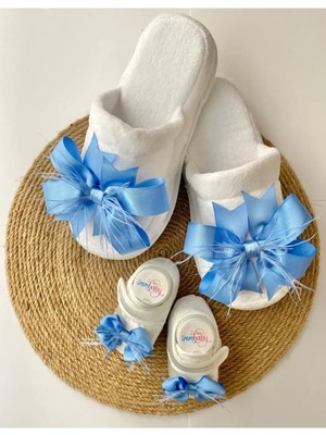 İrembaby Anne Bebek Lohusa Seti Mavi Tüylü Fiyonklu Terlik ve Bebek Ayakkabısı Lohusa Takımı Çekim-Mevlüt