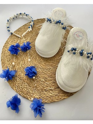 İrembaby Anne Lohusa Seti Mavi Incili Tüylü Lohusa Tacı ve Lohusa Terliği Takımı Özel Tasarım