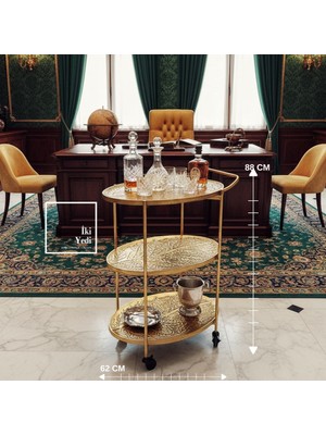 İki Yedi Konsept Agatha 773 Metal Eskitme 3 Katlı Tekerlekli Servis Arabası Bar Sunum Sehpası Dekoratif Ikram Masası