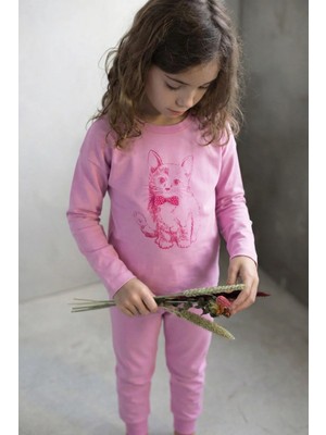 Cigit Kedi Baskılı Pijama Takım 2-8 Yaş Pembe