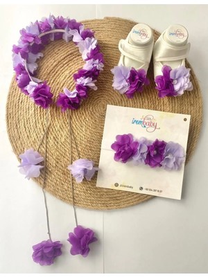 İrembaby Anne Bebek Lohusa Seti Mor Lila Çiçekli Lohusa Tacı Bebek Ayakkabısı ve Bebek Saç Bandı Lohusa Takım