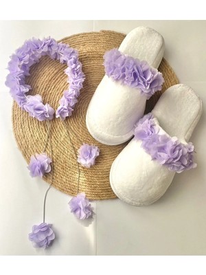 İrembaby Anne Lohusa Seti Lila Sarkan Küpeli Çiçekli Lohusa Tacı ve Terlik Lohusa Takımı
