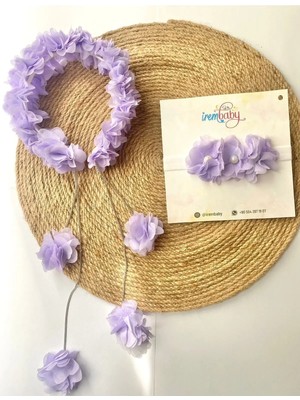 İrembaby Anne Bebek Lohusa Seti Lila Sarkan Küpeli Çiçekli Lohusa Tacı ve Bebek Saç Bandı Lohusa Takımı