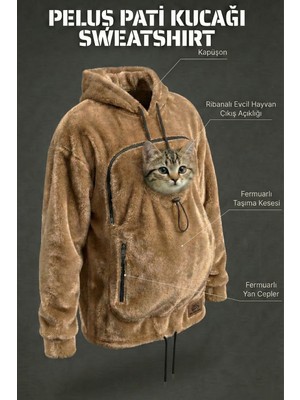Petolojim Peluş Pati Kucağı Sweatshirt (Kanguru Keseli Kedi-Köpek Taşıma Kıyafeti) L/xl Beden Oversize