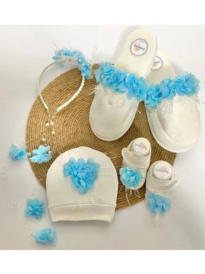 İrembaby Anne Bebek Lohusa Seti Mavi Çiçekli Incili Lohusa Tacı Terliği Bebek Ayakkabısı ve Şapkası Takımı