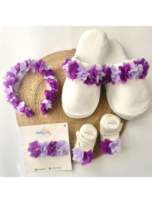 İrembaby Anne Bebek Lohusa Seti Mor Lila Çiçekli Lohusa Tacı Terlik Bebek Ayakkabı Saç Bandı Lohusa Takımı