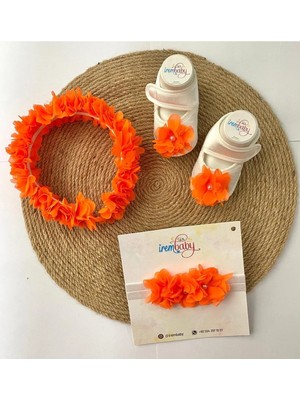 İrembaby Anne Bebek Lohusa Seti Turuncu Çiçekli Lohusa Tacı Bebek Ayakkabısı ve Bebek Saç Bandı Lohusa Takımı