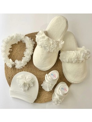 İrembaby Anne Bebek Lohusa Seti Beyaz Çiçekli Lohusa Tacı Terlik Bebek Ayakkabı Bebek Şapkası Lohusa Takımı