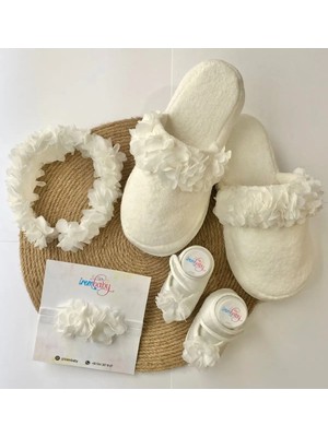 İrembaby Anne Bebek Lohusa Seti Beyaz Çiçekli Lohusa Tacı Terlik Bebek Ayakkabı Bebek Saç Bandı Lohusa Takımı
