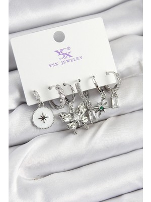 Luz&Pos Pirinç Zirkon Taşlı Kelebek ve Yıldız Model Gümüş Renk 3'lü Çift Kadın Küpe