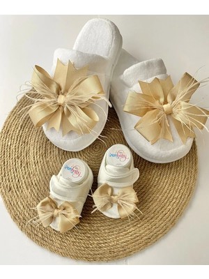 İrembaby Anne Bebek Lohusa Seti Gold Lohusa Tacı Lohusa Terlik ve Bebek Ayakkabısı Lohusa Takımı