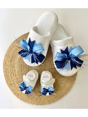 İrembaby Anne Bebek Lohusa Seti Lacivert Mavi Tüylü Terlik ve Bebek Ayakkabısı Lohusa Takımı Çekim-Mevlüt