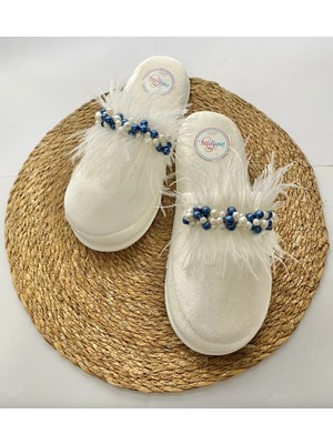 İrembaby Anne Lohusa Terliği Mavi Incili Tüylü Lohusa Terliği Özel Tasarım