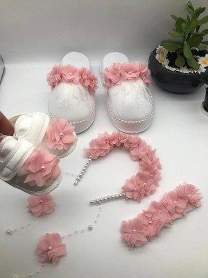 İrembaby Logusa Seti Pudra Pembesi Çiçekli Loğusa Seti Taç Terlik Bandana Patik Seti