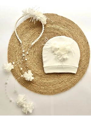 İrembaby Anne Bebek Lohusa Seti Beyaz Çiçekli Incili Lohusa Tacı ve Bebek Şapkası Lohusa Takımı