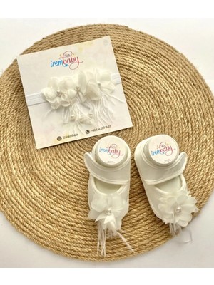 İrembaby Bebek Lohusa Seti Beyaz Çiçekli Incili Lohusa Bebek Ayakkabısı ve Saç Bandı