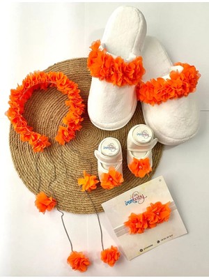 İrembaby Anne Bebek Lohusa Seti Turuncu Çiçek Lohusa Tacı Terlik Bebek Ayakkabı Bebek Saç Bandı Lohusa Takımı