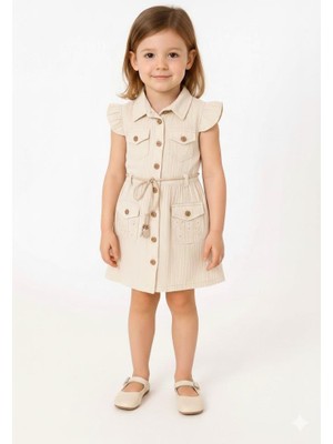 Rapapa Kız Çocuk Krem - Düğmeli Yazlık ELBISE-9818