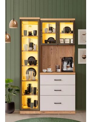 Setay Vitrinli Ünite, Liveo Kahve Köşesi + Çok Amaçlı Raflı Tek Kapaklı Dolap