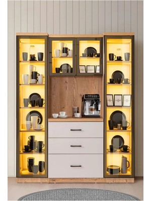Setay Vitrinli Ünite, Liveo Kahve Köşesi + Çok Amaçlı Raflı Iki Kapaklı Dolap