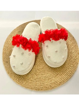 İrembaby Anne Lohusa Terliği Kırmızı Incili Çiçekli Lohusa Terliği