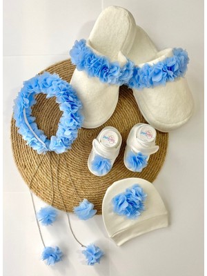 İrembaby Anne Bebek Lohusa Seti Mavi Çiçekli Lohusa Tacı Terlik Bebek Ayakkabı ve Bebek Şapkası Lohusa Takımı
