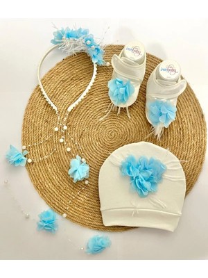 İrembaby Anne Bebek Lohusa Seti Mavi Çiçekli Incili Lohusa Tacı Bebek Ayakkabısı ve Şapkası Lohusa Takımı