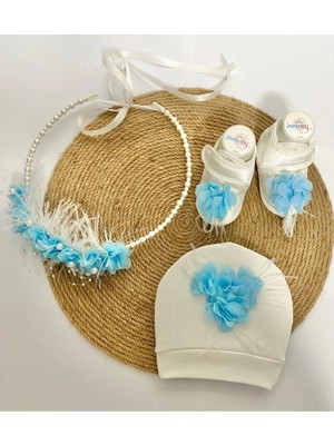 İrembaby Anne Bebek Lohusa Seti Mavi Çiçekli Incili Lohusa Tacı Bebek Ayakkabısı ve Şapkası Lohusa Takımı