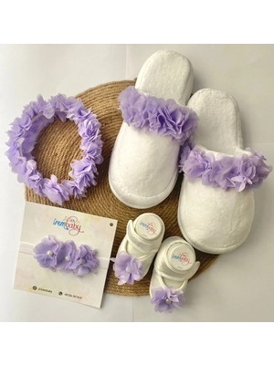 İrembaby Anne Bebek Lohusa Seti Lila Tüylü Lohusa Tacı Bebek Ayakkabısı Bebek Saç Bandı Lohusa Takımı