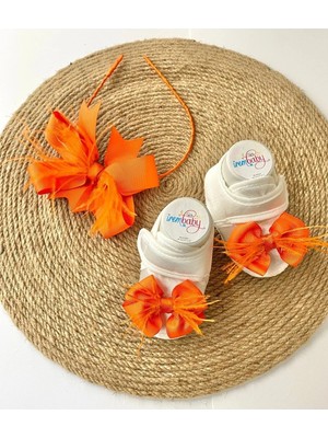 İrembaby Anne Bebek Lohusa Seti Turuncu Anne Lohusa Tacı ve Bebek Ayakkabısı Lohusa Takımı