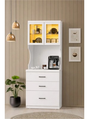 Setay Vitrinli Ünite, Liveo Kahve Köşesi, Çok Amaçlı Çekmeceli Camlı Kahve Ünitesi - Beyaz