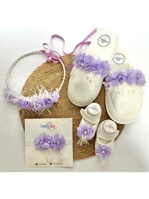 İrembaby Anne Bebek Lohusa Seti Lila Çiçekli Incili Lohusa Tacı Terliği Bebek Ayakkabı Saç Bandı Takımı