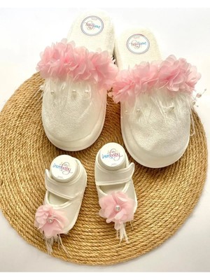 İrembaby Anne Bebek Lohusa Seti Pembe Çiçekli Incili Lohusa Terliği Bebek Ayakkabısı