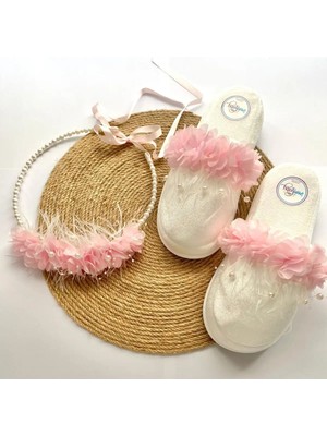 İrembaby Anne Lohusa Seti Pembe Çiçekli Incili Lohusa Tacı Terliği