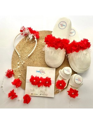 İrembaby Anne Bebek Lohusa Seti Kırmızı Çiçekli Incili Lohusa Tacı Terliği Bebek Ayakkabı Saç Bandı Takımı