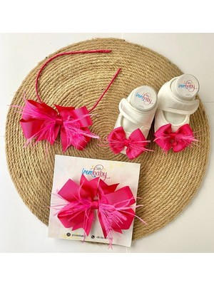 İrembaby Anne Bebek Lohusa Seti Fuşya Pembe Lohusa Tacı Bebek Saç Bandı ve Bebek Ayakkabısı Lohusa Takımı