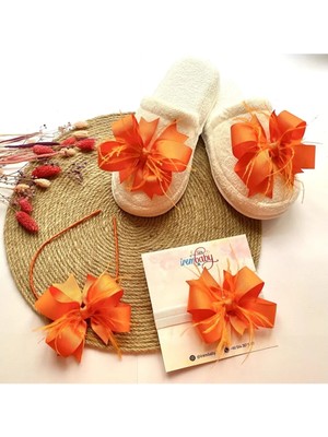 İrembaby Anne Bebek Lohusa Seti Turuncu Tüylü Fiyonk Lohusa Tacı Terlik ve Bebek Saç Bandı Lohusa Takımı
