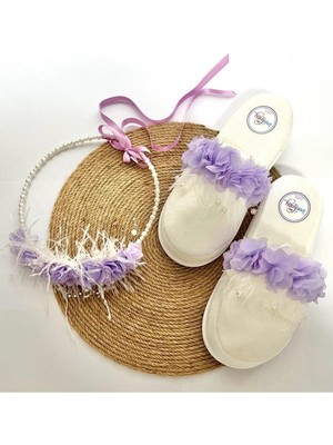 İrembaby Anne Lohusa Seti Lila Çiçekli Incili Lohusa Tacı Terliği