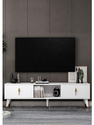 Demonte Decor 1387TV150DD-32 Tv Sehpası Beyaz-Altın