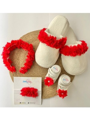 İrembaby Anne Bebek Lohusa Seti Kırmızı Çiçek Lohusa Tacı Terlik Bebek Ayakkabı Bebek Saç Bandı Lohusa Takımı