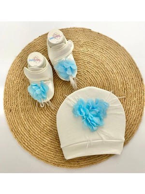 İrembaby Bebek Lohusa Seti Mavi Çiçekli Lohusa Bebek Ayakkabı ve Şapkası Lohusa Takımı
