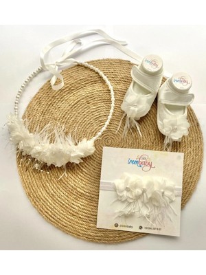 İrembaby Anne Bebek Lohusa Seti Beyaz Çiçekli Incili Lohusa Tacı Bebek Ayakkabı Bebek Saç Bandı Takımı